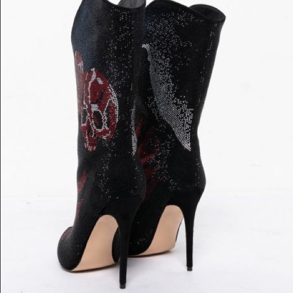 Doll Kills Sexy Red and Black Rhinestone Knee High Heel Cowboy Boots - Picture 5 of 6
